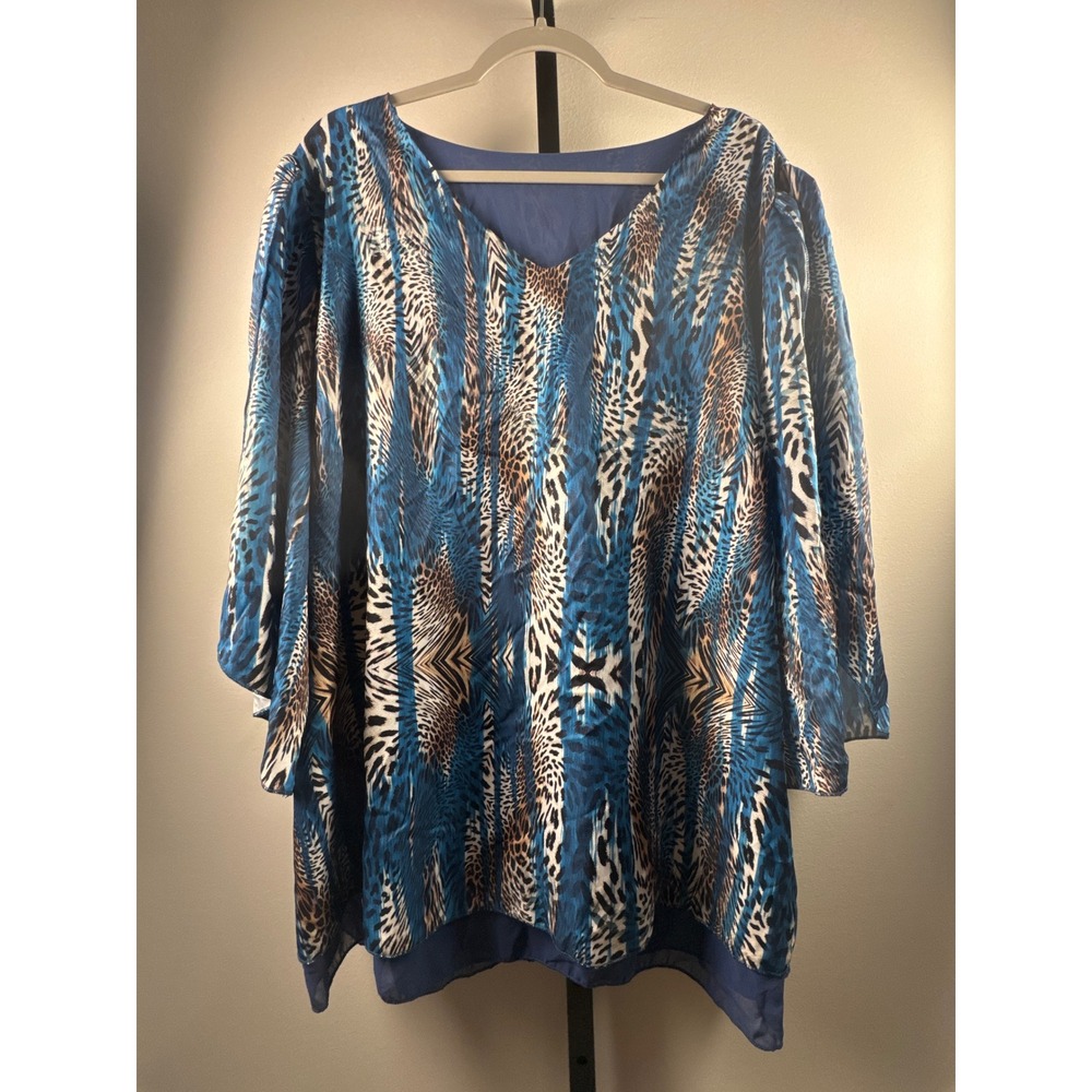 Womens Blue Animal Print V-Neck Tunic Top 3/4 Sleeve Layered Hem Plus Size